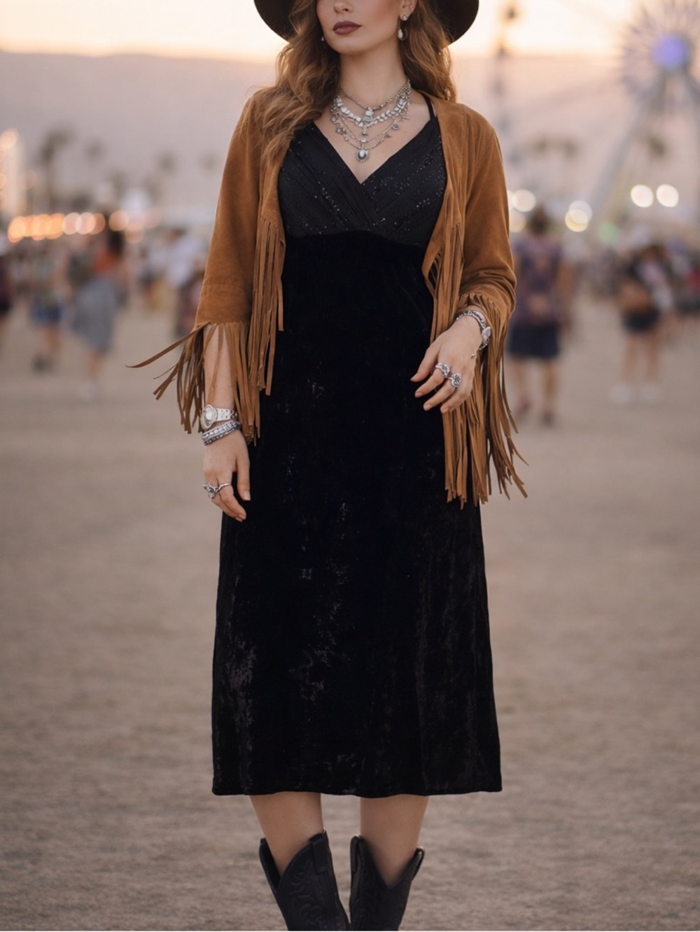 Vintage Black Velvet Chiffon Dress 14 Boho Festival Goth Midi